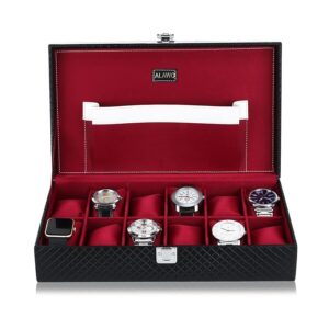 ALAWO Watch Case Organizer Box – 12 Slots (Black PU Leather, Cherry Velvet)
