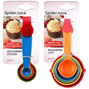 SpiderJuice 10-Piece Multicolor Stackable Measuring Cups & Spoons Set with Ring Holder