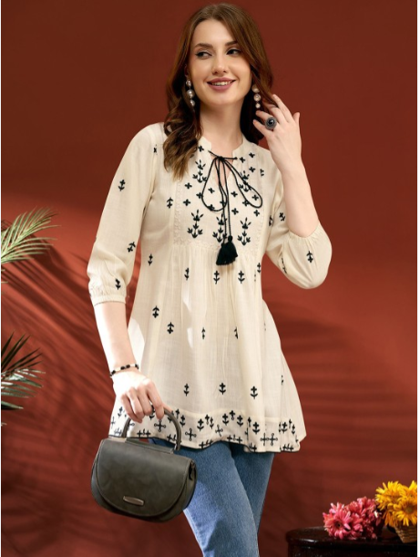 Anouk Women Embroidered Tie-Up Neck Above Knee Kurta