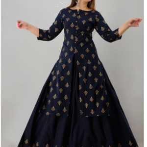 Idalia Women Navy Blue & Golden Printed Kurta with Skirt